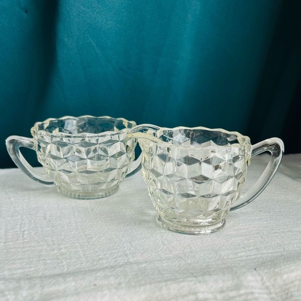 Vintage Jeanette Cube Clear Textured Sugar and Creamer Set